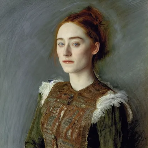 Image similar to a true-to-life portrait of Saoirse Ronan painted by John Everett Millais