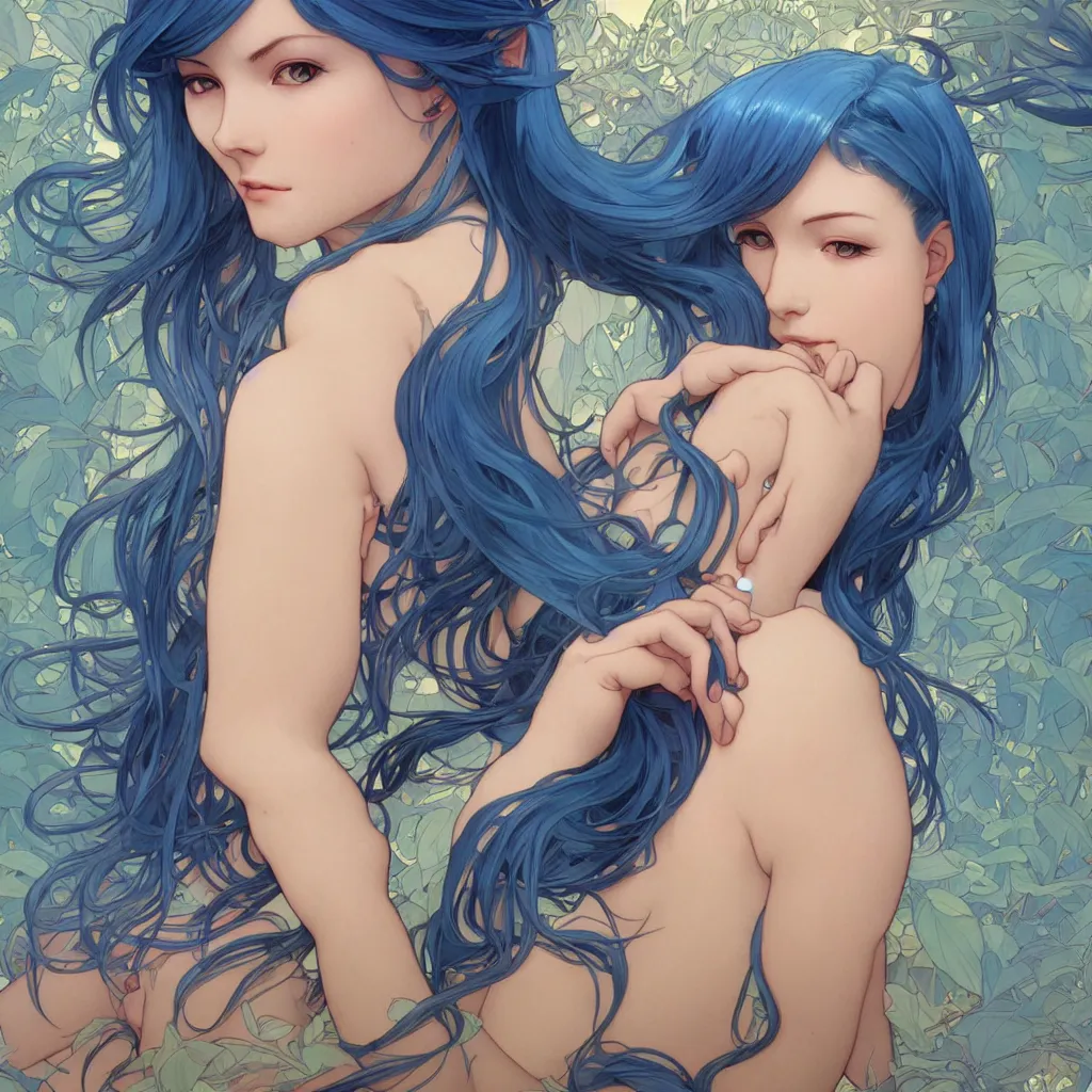 Image similar to One beautiful goddess with blue hair, highly detailed, digital painting, smooth, sharp focus, illustration, art by artgerm and alphonse mucha, high definition digital art, full body shot, in the style of Ross tran and ilya kuvshinov