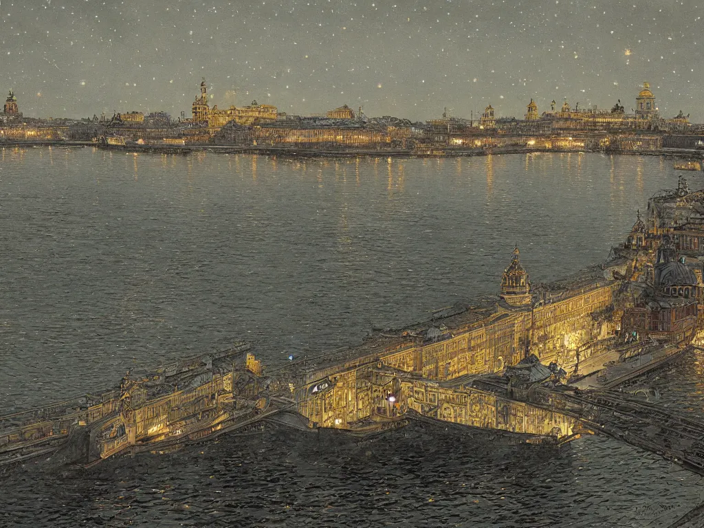 Image similar to a view from the neva river in saint petersburg at night with the sky full of stars, intricate, elegant, highly detailed, digital painting, artstation, concept art, smooth, sharp focus, colored illustration for tattoo, art by krenz cushart and artem demura and alphonse mucha,