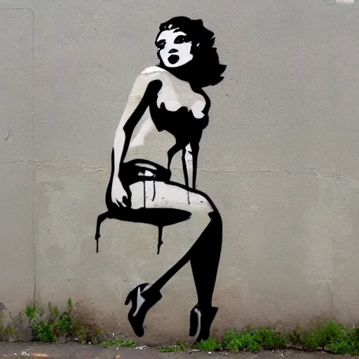 Prompt: abstract rough rugged graffiti art of a pinup woman design by banksy