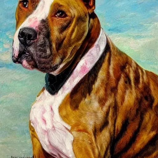 Image similar to pitbull with brindle coat and white paws and white chest. wearing rollerblades painting. oil painting. impressionist. impressionism. fun. energetic. colorful.