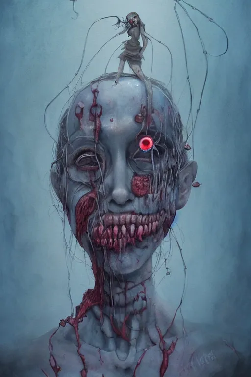 Image similar to watercolor cartoon grunge portrait of a creepy horror nurse girl . intricate abstract. intricate artwork. nightmare fuel. terrifying. by zdzisław Beksiński, wlop, dan mumford , trending on artstation, greg rutkowski very coherent symmetrical artwork. cinematic, hyper realism, high detail, octane render, 8k