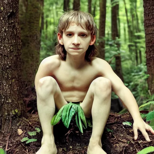 Prompt: Small humanoid creature. Smooth pale skin. Green eyes. Loincloth, ragged shirt. Sitting in the forest. Detailed face.