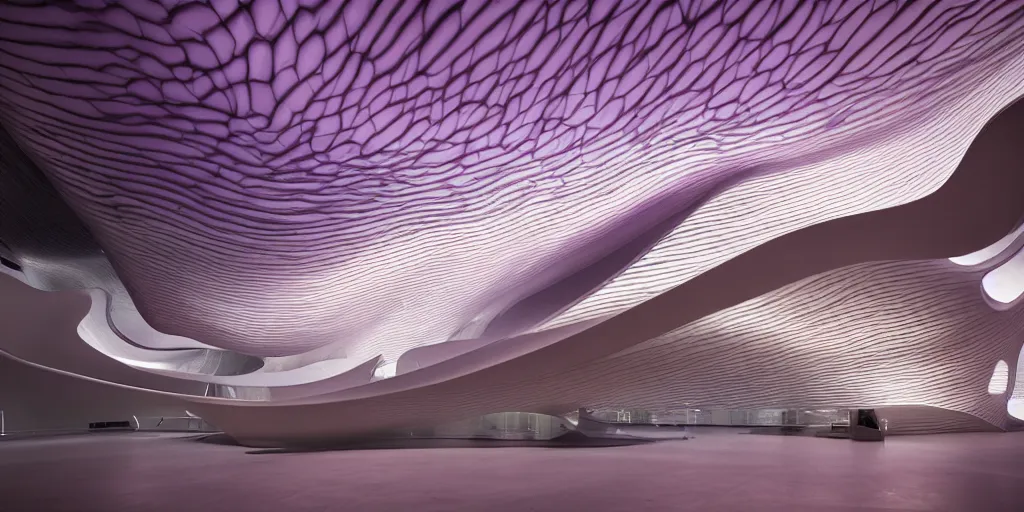 Image similar to extremely detailed awe stunning beautiful futuristic smooth curvilinear museum interior\, translucent gills, zaha hadid, stunning volumetric light, stainless steel, concrete, translucent material, beautiful sunset, hyper real, 8k, colorful, 3D cinematic volumetric light, atmospheric light