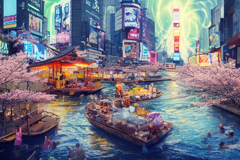Prompt: floating markets of times square river in kyoto kamo gold river during sakura season on thermal waters flowing down gold travertine terraces during interstellar aurora borealis, royal blue waterfalls, vendors, festivals, fun, by peter mohrbacher, james jean, james gilleard, greg rutkowski, vincent di fate, rule of thirds, octane render, beautiful landscape