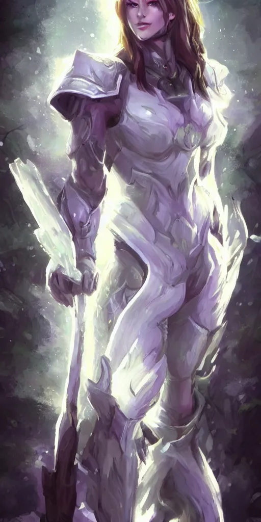 Prompt: fantasy portrait white which light armor in a forest moonlight purple glowing staff high quality artstation dynamic lighting wide view