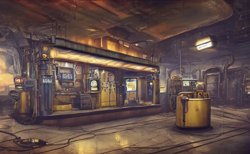 Image similar to steampunk gas station in space, 4 k, polished, photorealistic, hard edges, zoomed in, very coherent, sharp focus, rim light, exquisite lighting, hard edges, sci - fi, cinematic, game art, octane