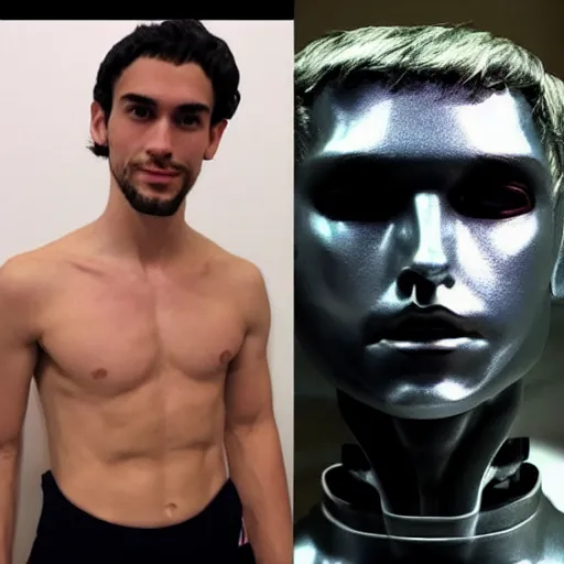 Prompt: “a realistic detailed photo of a guy who is an attractive humanoid who is half robot and half humanoid, who is a male android, Oklahoma Stare University college wrestler Daton Fix, shiny skin, posing like a statue, blank stare, at the museum, on display”