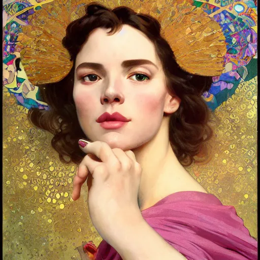 Image similar to modern woman | hyperrealistic | action pose | digital painting | trending on artstation | pinup portrait | clean | illustration | dressed | Unreal Engine 5 | 8k resolution | by Greg Rutkowski Alphonse Mucha Gustav Klimt and Mel Ramos