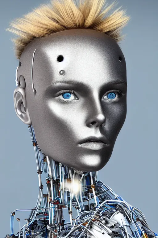 Image similar to robot with human face, female head, full body angle, woman human face, human face realistic, beautiful blonde hair, human head, human head with blonde hair, blonde hair human head, blonde hair, human realistic face, human head skin, cyborg frame concept, cyborg by ales-kotnik, sci-fi android female, the body is made of wires, robotic body, cyborg body, cyborg bust body, robot body cyborg, full body