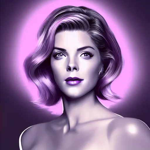 Prompt: A combination of Grace Kelly's and Katheryn Winnick's and Ashley Greene's faces with short violet hair as Cortana, cyberpunk style, synthwave aesthetic, fantasy, intricate, elegant, highly detailed, digital painting, artstation, concept art, matte, sharp focus, illustration, half body portrait, anime style, art by Artgerm and Greg Rutkowski and Alphonse Mucha