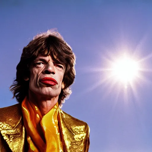 Image similar to mick jagger dressed in golden costume with jewels in a dry rocky desert landscape, visible sky and sunny atmosphere, fata morgana by alejandro jodorowsky, anamorphic lens, kodakchrome, 8 k -