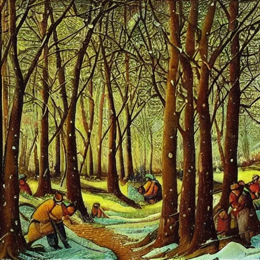 Prompt: lenhadores em uma floresta de arvores secas com pouca neve, pintura de brugel