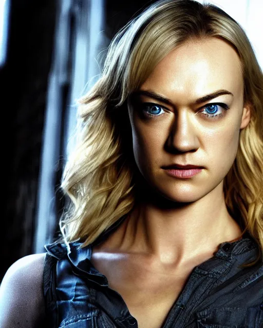 Image similar to yvonne strahovski, full shot, very anime, ambient lighting, perfect composition, dynamic lighting, detailed face, very extremely detailed blue eyes, smooth shading, digital art