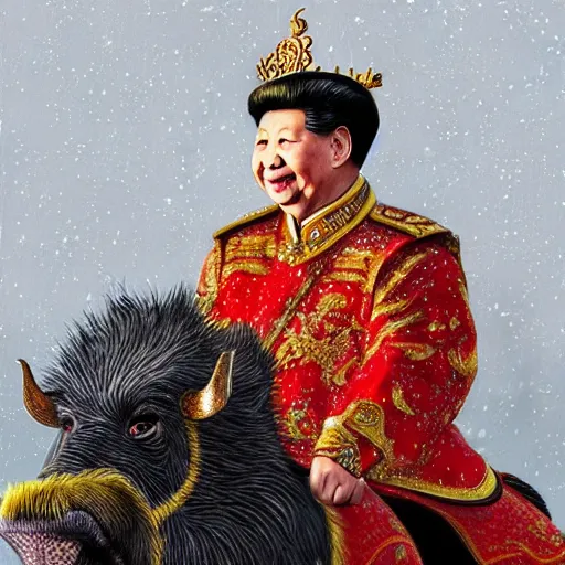 Prompt: an extremely realistic portrait depicting the coronation of xi jinping dressed in royal national costume, riding a hog on the frozen danube, close up, intricate, elegant, highly detailed, digital painting, artstation, concept art, smooth, sharp focus, illustration