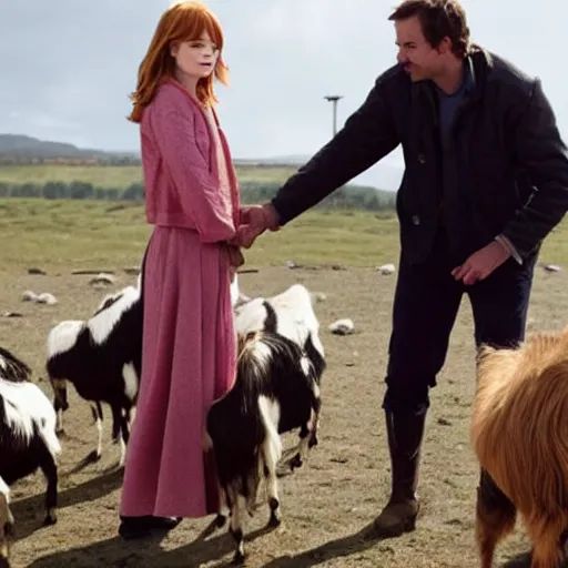 Prompt: Emma Stone becoming a goat. movie still.