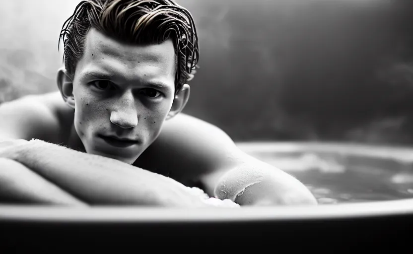 Image similar to photographic portrait by Annie Leibovitz of Tom Holland in a hot tub, closeup, foggy, sepia, moody, dream-like, sigma 85mm f/1.4, 15mm, 35mm, 4k, high resolution, 4k, 8k, hd, full color