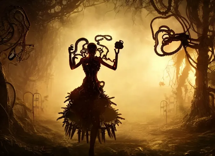 Image similar to silhouette of an intricate mechanical fairy with visible gears having tea with a cyborg gorgon medusa in a magical forest. Very detailed 8k. Fantasy cyberpunk horror. Sharp. Cinematic post-processing