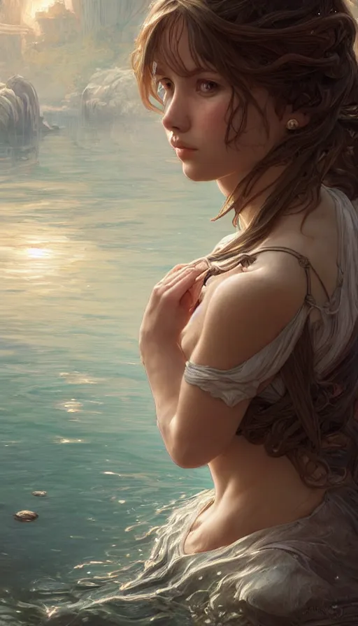 Image similar to girl in a river, fibonacci, sweaty, insane, intricate, highly detailed, digital painting, artstation, concept art, smooth, sharp focus, illustration, Unreal Engine 5, 8K, art by artgerm and greg rutkowski and alphonse mucha