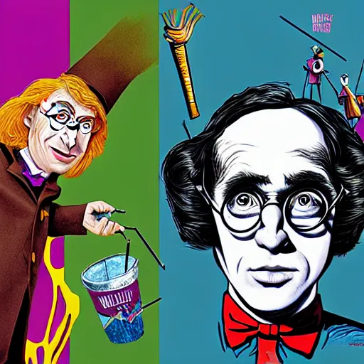 Image similar to graphic illustration, creative design, harry potter as willy wonka, biopunk, francis bacon, highly detailed, hunter s thompson, concept art