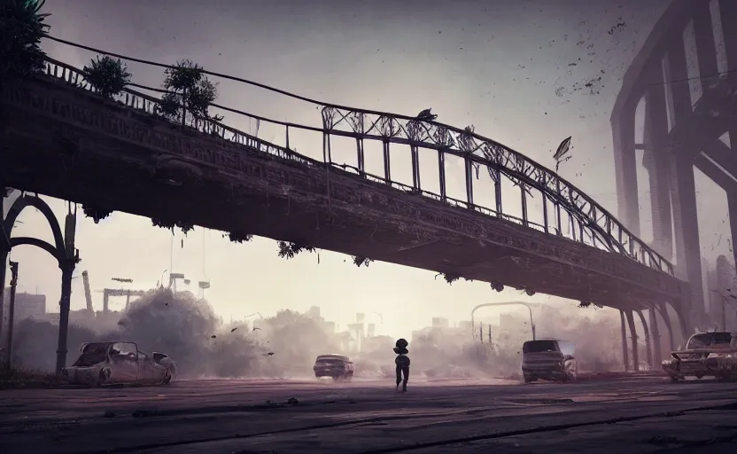 Image similar to explosions in the form of realistic cotton plants cover harbour bridge, smooth, sharp focus, highly detailed, 3 d octane render, epic lighting, dark atmosphere, post apocalyptic, lots of cotton plants, rusty cars, 8 k, by goro fujita