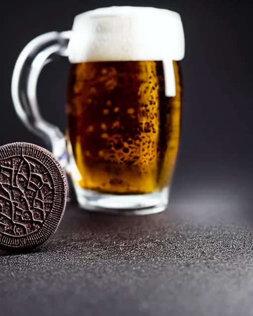 Prompt: dlsr food photograph of a hand dipping an oreo in beer, bokeh, studio lighting, 5 0 mm f 1. 4