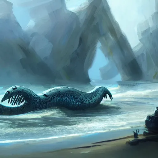 Image similar to a beached sea serpent washing up on the shore of a beach concept art by jaime jones, cgsociety, fantasy art, concept art, artstation hd, deviantart hd.