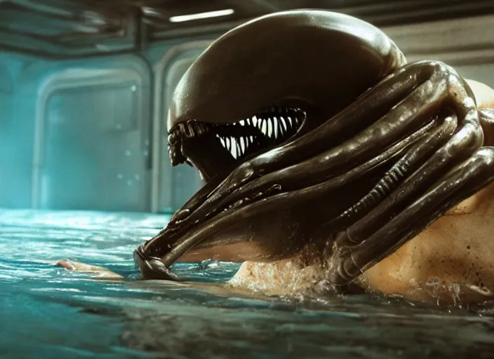 Image similar to film still of xenomorph swimming in a pool at night in the new alien movie, 4 k