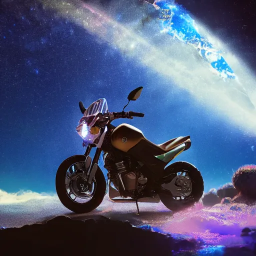 Prompt: high detail photo of a deserted yamaha motorcycle floating in space inside magic colorful glowing sparkling fog, blue planet behind it, starry sky, tranquil, desolate, atmospheric, hazy, autochrome, 8k, reflections, octane render, unreal engine 5