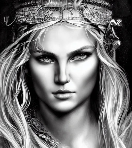 Prompt: portrait of beautiful aphrodite goddess as an archer warrior, beautiful piercing eyes, flowing blonde hair, realistic face, black and white drawing, in the style of greg rutkowski, fantasy, amazing detail, epic, intricate, elegant, smooth, sharp focus