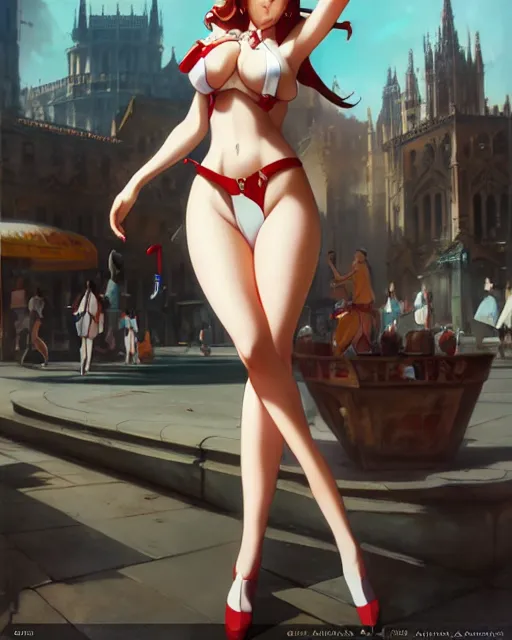 Image similar to pinup photo of asuna in the crowded square of the city, asuna by a - 1 pictures, by by greg rutkowski, artgerm, gil elvgren, enoch bolles, glossy skin, pearlescent, anime, very coherent, maxim magazine, 3 d, vray, unreal 5, maya