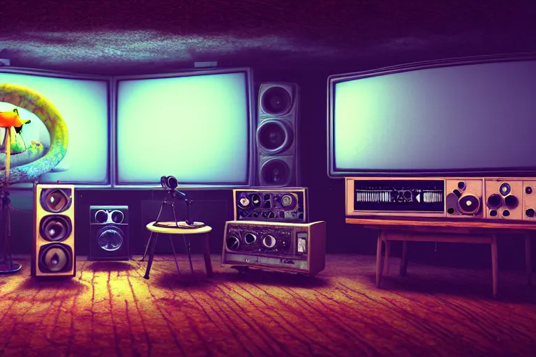 Prompt: a symmetrical realistic painting of a vintage television console and recording equipment, in a post apocalyptic recording studio, giant psychedelic mushrooms growing out of the equipment, ghibli, unreal 5, daz, hyperrealistic, octane render, dynamic lighting