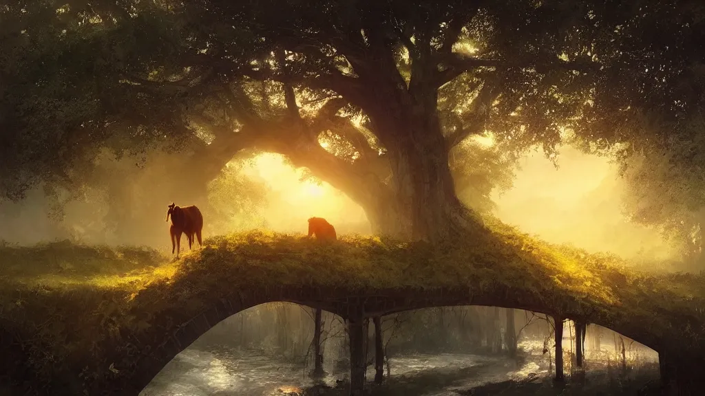 Image similar to over a tree wreathed with vines fly evening crows, under a small bridge near a cottage a stream flows, a lean horse goes on bridge, sunset, by charlie bowater, by greg rutkowski