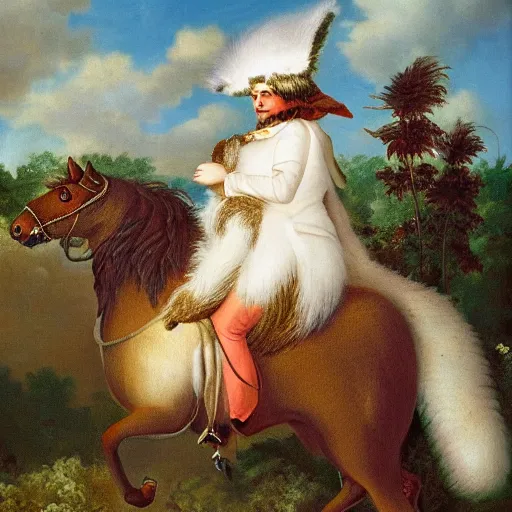 Image similar to a giant fluffy squirrel carrying napoleon bonaparte on its back, beach scene, flowers and foliage, detailed oil painting