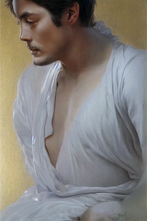 Image similar to portrait en buste alain delon by mark arian, by hughes merle, by pierre auguste cot, perfectly detailed eyes oil on canvas, masterpiece, realism,