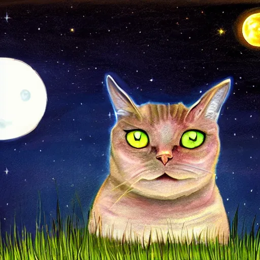 Image similar to black cat with glowing eyes looking up at the moon in a very dark open field at midnight with fireflies in the air and lots of stars in the sky, digital painting, highly detailed, magical, beautiful