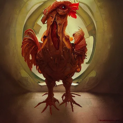 Prompt: chicken alien by Stanley Artgerm Lau, greg rutkowski, thomas kindkade, alphonse mucha, loish, norman Rockwell