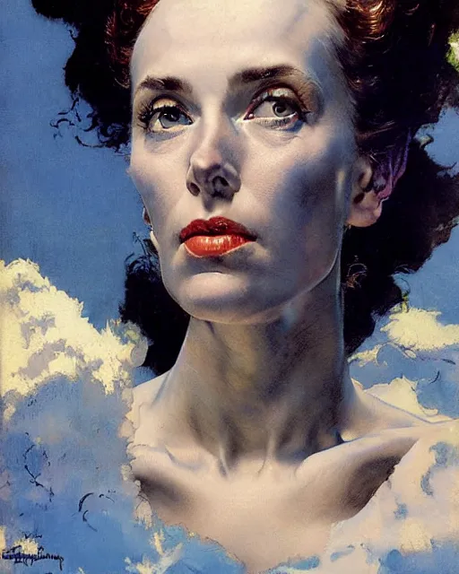 Prompt: head portrait of elegant space woman with wideset blue eyes by norman rockwell, roberto ferri, daniel gerhartz, edd cartier, jack kirby, howard v brown, ruan jia, tom lovell, frank r paul, dean cornwell, astounding stories, amazing, fantasy, other worlds