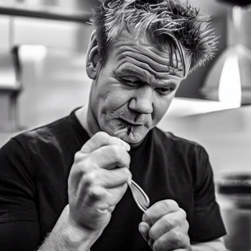 Image similar to gordon ramsey eating sausages with sauce and not liking it, high quality photograph, photorealist F1.8