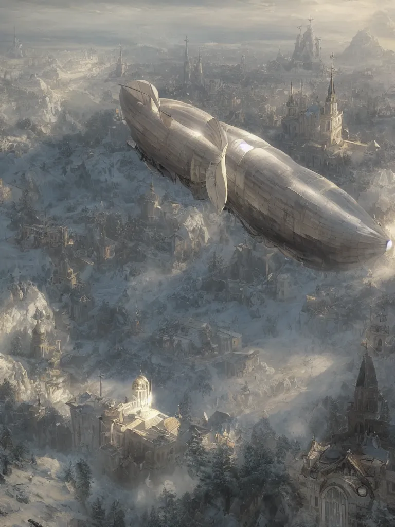 Prompt: a large dieselpunk airship is standing in the air over a splendid white church in russia, full morning sun, matte painting by greg rutkowski, james gurney