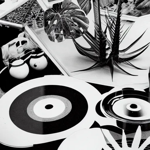 Image similar to A black and white photography of an exhibition space with objects of Sun Ra, Marcel Duchamp and tropical plants, 60s, offset lithography print, close up shot