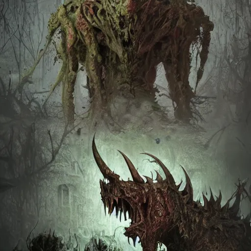 Image similar to a disgusting demon of nurgle making the ground rot around it, au naturel, hyper detailed, digital art, trending in artstation, cinematic lighting, studio quality, smooth render, unreal engine 5 rendered, octane rendered, art style by klimt and nixeu and ian sprigger and wlop and krenz cushart