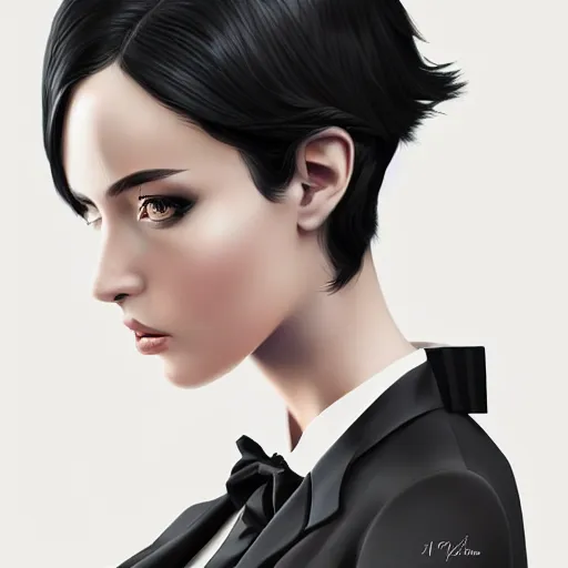 Image similar to slim girl in tuxedo with short black hair, elegant, 2d, ultra highly detailed, digital painting, smooth, sharp focus, artstation, portrait art by Ilya Kuvshinov