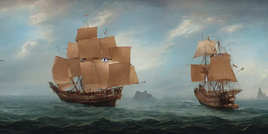 Image similar to a beautiful matte painting, an ancient large sailing ship sailing on the sea dropping crab pots