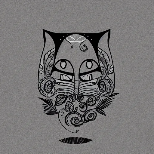 Prompt: tattoo sketch of a cat with one eye, monstera deliciosa, a draft, organic ornament, maori, vector