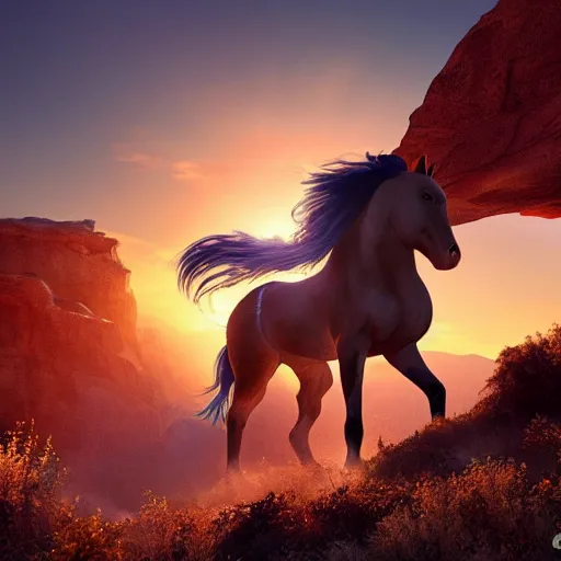 Prompt: spirit, the wild horse from the spirit movie, with the young girl named lucky on the horseback galloping next to a canyon into the sunset, movie poster, intricate detail, 8 k, trending on artstation, octane render