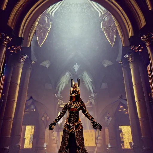 Image similar to female Knights of Zodiac , wings, ornate cyberpunk armor, ornate cyberpunk interior, ruins, cyberpunk cathedral, fighting at ancinet Agora of Athens,Golden Light, Cathedral, 8K, trending on artstation, volumetric light, lightrays, smoke, cinematic, atmospheric, insanely detailed and intricate, hypermaximalist, elegant, ornate, luxury, elite, painted by artstation, super detailed, face details trending on artbreeder, golden ratio