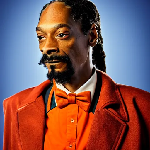 Image similar to snoop dogg as a young man with a beard in a dark blue trenchcoat with an orange bowtie as the new doctor who, cinematic, volumetric lighting, f 8 aperture, cinematic eastman 5 3 8 4 film, photorealistic