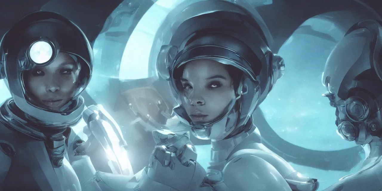 Image similar to Zoe Kravitz with short hair as a futuristic astronaut, helmet with led lights, underwater in the ocean at night, dark water, volumetric lighting, glowing lights, 4k, octane, digital painting, artstation, concept art, sharp focus, illustration, cinematic film still, art by artgerm and greg rutkowski and alphonse mucha , wide angle view,