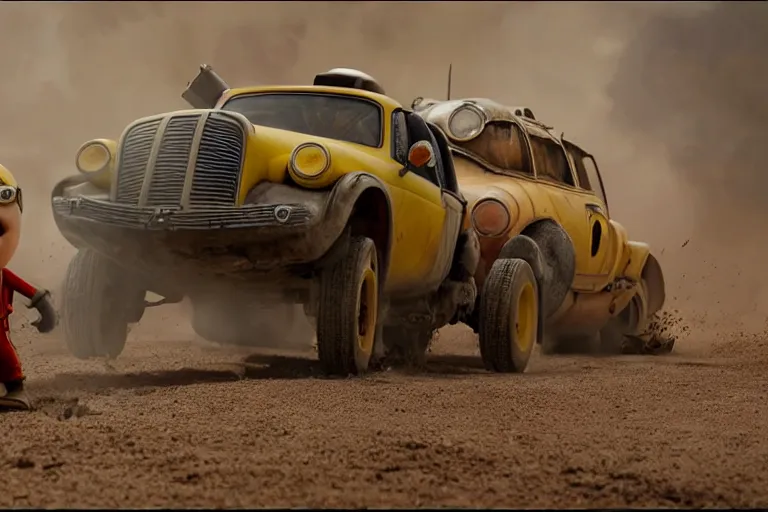Image similar to a Minions vs Mario, yellow and red, mechabot, in the Movie Mad Max: Fury Road 2015, epic sandstorm battle, action
